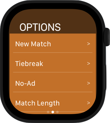 Options menu on Apple Watch: New Match, Tiebreak, No-Ad, Match Length